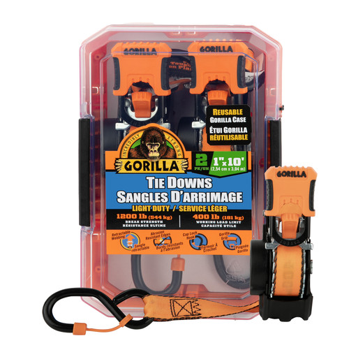 2 Pk 1" X 10' Retractable Ratchet Strap, W/ Orange Gorilla Grip Handle, Cap Locks | 0GG92003