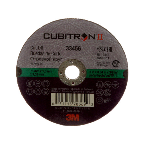 Cubitron II Cut-Off Wheel, 75 mm x 1 mm x 9.53 mm (3 in x .04 in x 3/8 in) | MMM33456