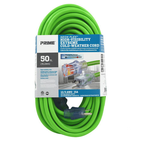 50Ft. 12/3 SJTW -50C Hi-Vis Green Outdoor Extension Cord W/Primelight Indicator Light | 20CNS512830