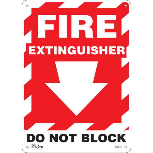 "Fire Extinguisher Do Not Block" with Down Arrow Sign, 14" x 10", Plastic, English with Pictogram | SCNSGM110