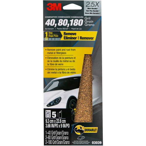 Sandpaper 03039, Asst Grit, 3-2/3 in x 9 in, 5/Pack | MMM03039NA