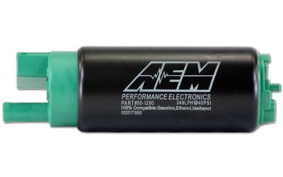 340lph E85-Compatible High Flow In-Tank Fuel Pump, Offset Inlet, Inline, Incl Fuel Pump, installation instructions, wiring harness, pre filter, internal fuel hose, clamps, end cap and rubber buffer sleeve,  Hardware is not app specific | AEE50-1200