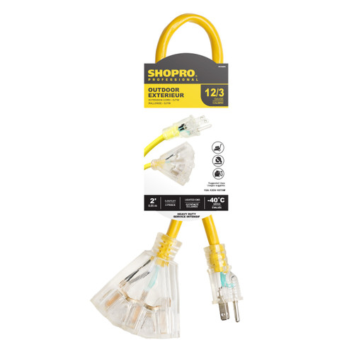 12/3 SJTW 2' 3-Outlet Adapter Cord - Yellow | 679P010864