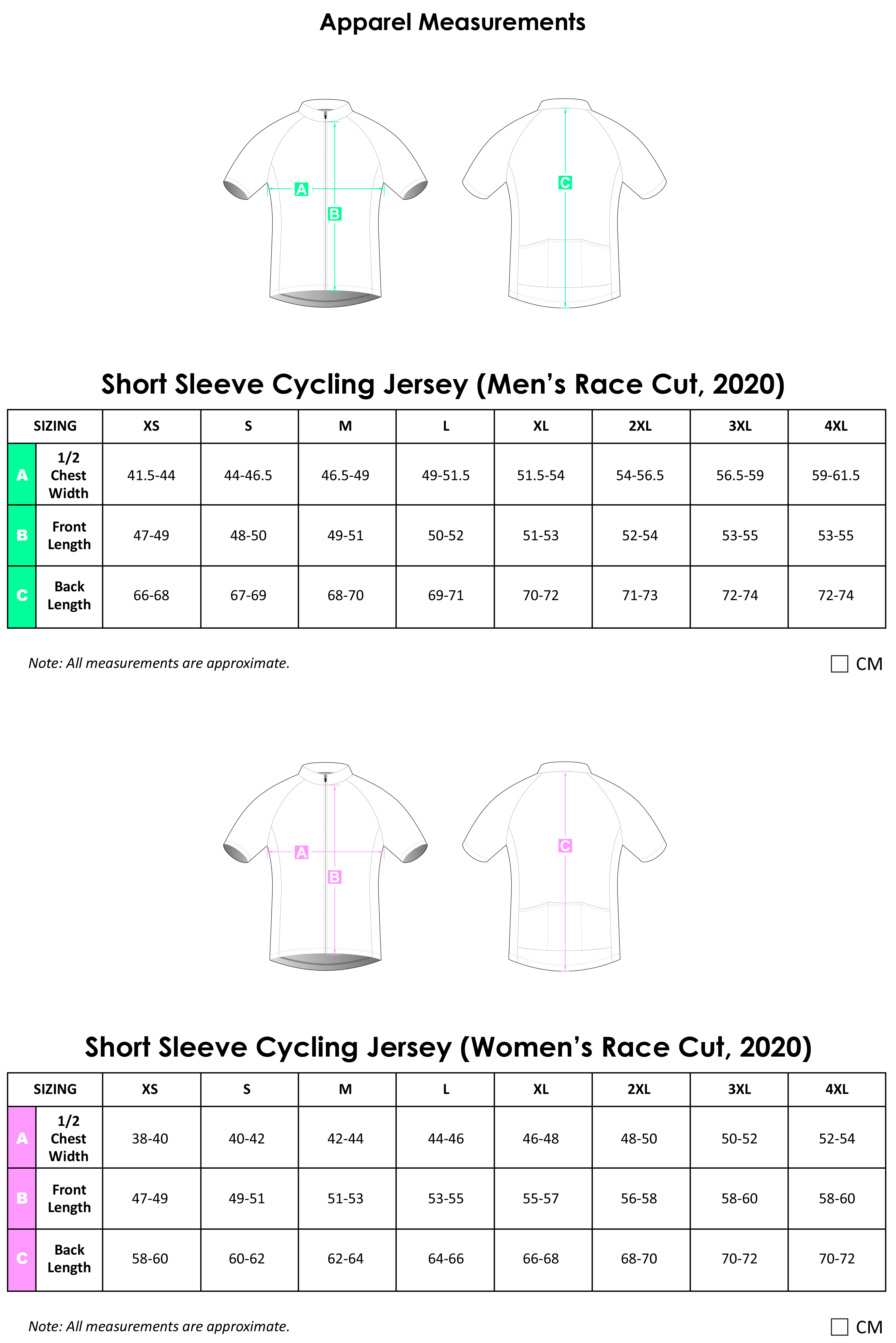 SS Cycling Jersey Apparel Size Chart 2020