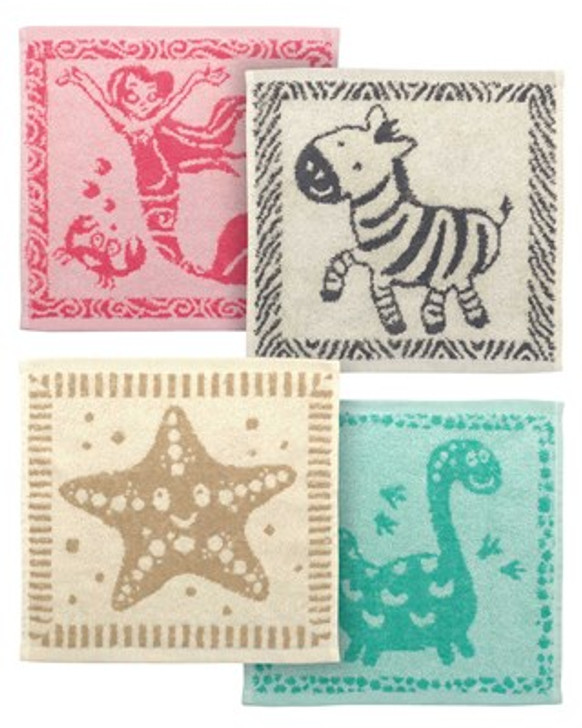 Country Club Jacquard Face Cloths Kids Designs Set 4 Animal and Fantasy design Wash Cloths 30cm x 30cm Cotton