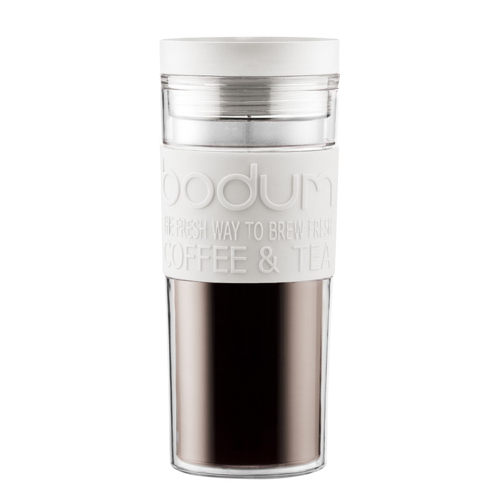 Bodum 0.45L Double Wall Clear Plastic Travel Mug Off White Lid and Band