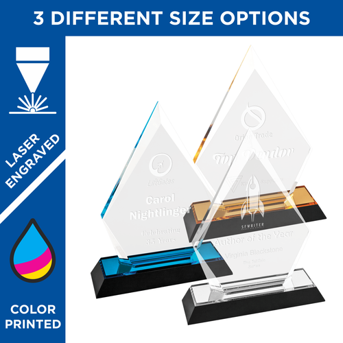 Arrow Impress Acrylic | Arrow pointed acrylic award with color rimmed black base. comes in 3 sizes and 3 colors all include free engraving and personalization