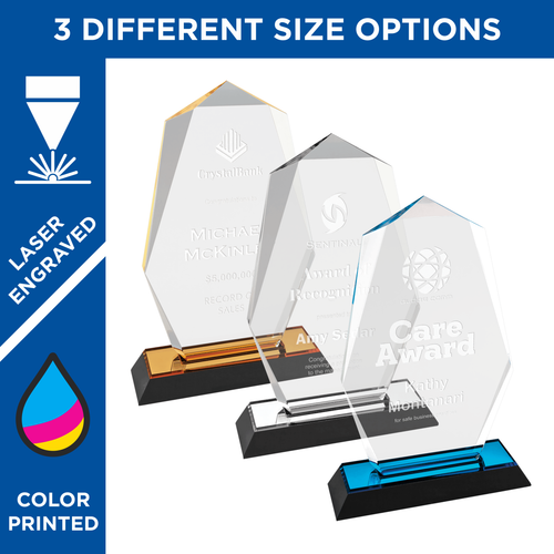 Octagon Point Impress Acrylic Award | Unique Octagon shaped acrylic on a color rimmed black base. Available in 3 sizes and 3 colors all with Free personalization