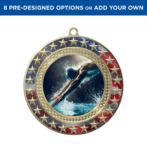 Gold Swimming Radiant Star Patriotic Insert Medal Gold Swimming Radiant Star Patriotic Insert Medal