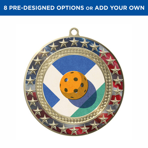 Gold Pickleball Radiant Star Patriotic Insert Medal Gold Pickleball Radiant Star Patriotic Insert Medal