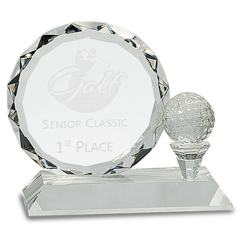 Custom Engraved Round Facet Crystal with Golf Ball on Clear Pedestal Base