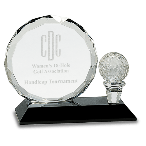 Personalized 5 1/2 Round Facet Crystal with Golf Ball on Black Pedestal Base Award Personalized 5 1/2 Round Facet Crystal with Golf Ball on Black Pedestal Base Award