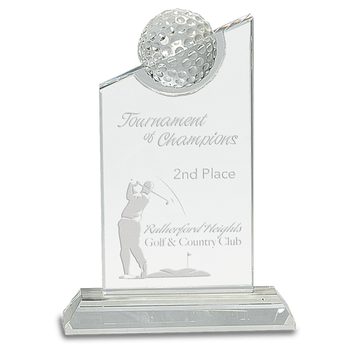 Personalized 7 1/4" Clear Crystal with Inset Crystal Golf Ball on Clear Base Award Personalized 7 1/4" Clear Crystal with Inset Crystal Golf Ball on Clear Base Award
