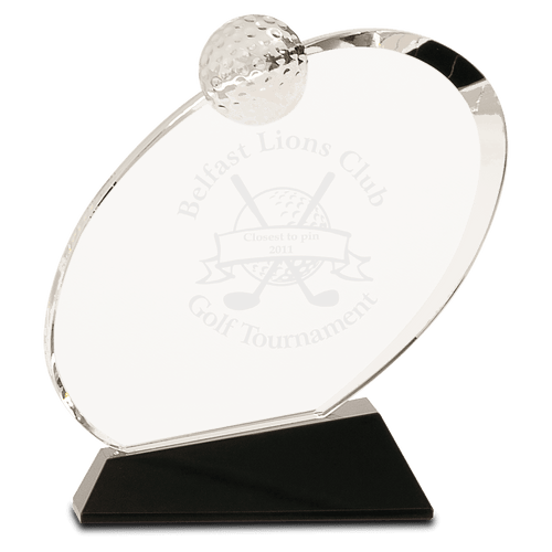 6" Clear Crystal Oblong Golf Award on Black Crystal Base