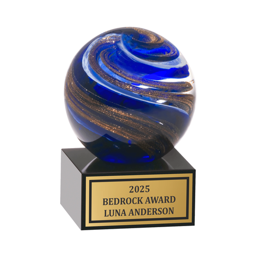 Globe with blue, white and metallic gold highlights. Black Glass Base with felt bottom. Globe with blue, white and metallic gold highlights. Black Glass Base with felt bottom.