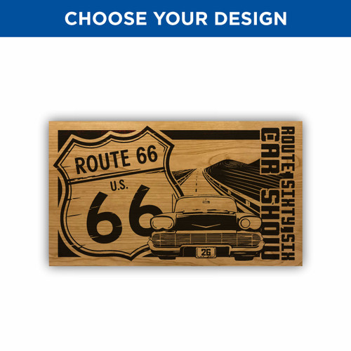 Custom laser engraved cherry wood 2x3.5 dash plaque with Route 66 design for car shows