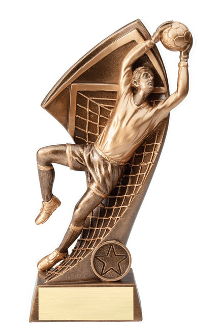 Gold Soccer Goalie Resin Award Trophy with Goalkeeper Save Design and Engraving Plate