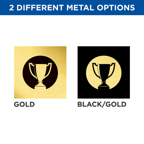 This brass plate color options chart highlights two premium finishes for custom plaques, signs, and nameplates. Available choices include gold and black/gold. These durable and stylish brass finishes provide both modern and classic looks, perfect for engraving, awards, desk signs, and personalized plates.