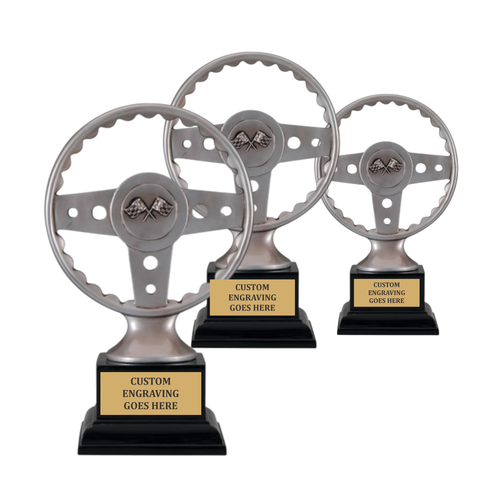 Custom steering wheel trophy with engraved gold plate, available in 6, 7, and 10 inch sizes, ideal for car shows, cruise-ins, and racing events.