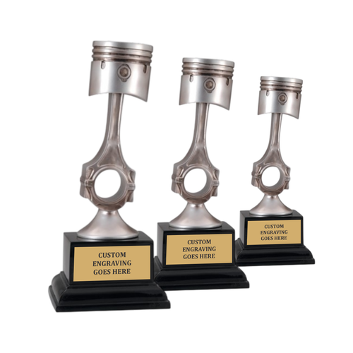 Custom resin piston trophy with engraved gold plate, available in 6.5, 8.5, and 10 inch sizes, ideal for car shows, cruise-ins, and racing events.