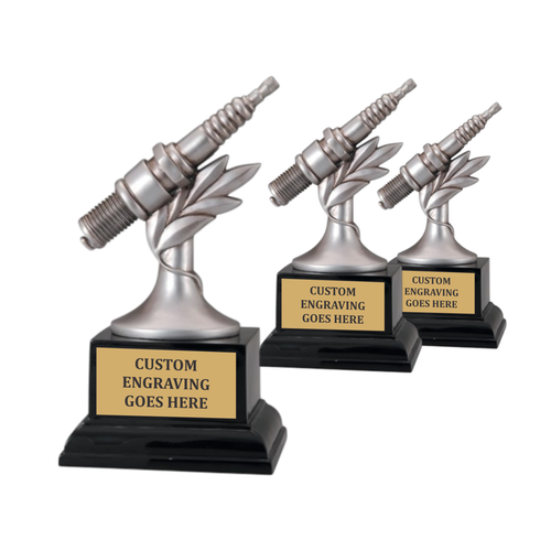 Custom resin piston trophy with engraved gold plate, available in 5.5, 6.5, and 8 inch sizes, ideal for car shows, cruise-ins, and racing events.