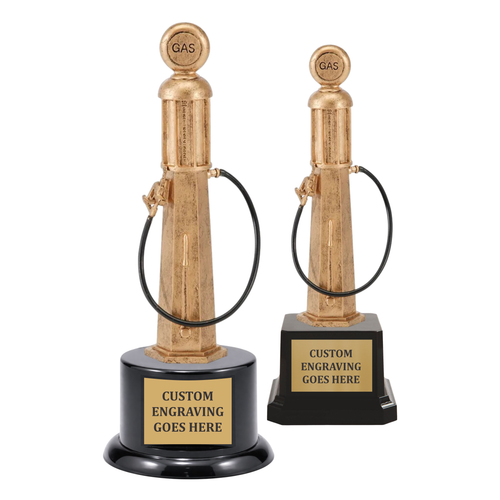 Shop our custom gold gas pump trophy, available in 10 and 13 inch sizes with square or round base options. Perfect for car shows, cruise-ins, and automotive events. Personalized by Trophy Outlet — nearly 40 years of award experience.