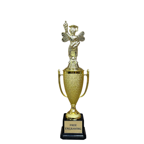 Spelling bee figure: Gold spelling bee cup trophy with custom engraved black base and gold plate — Trophy Outlet