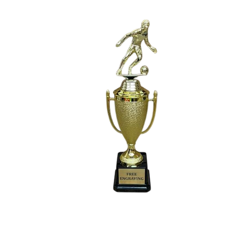 Female figure: Gold female soccer cup trophy with custom engraved black base and gold plate — Trophy Outlet