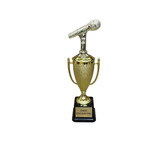 Microphone figure: Gold singer cup trophy with microphone figure topper, custom engraved black base and gold plate — Trophy Outlet