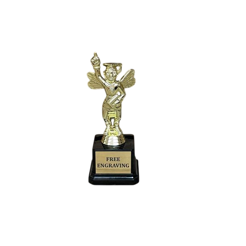 7 inch gold spelling bee trophy with winged figure and free engraving on black base