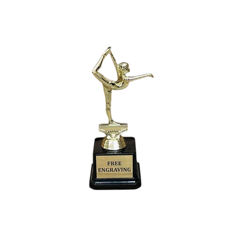 7.5 inch gold female gymnastics trophy with free engraving on black base