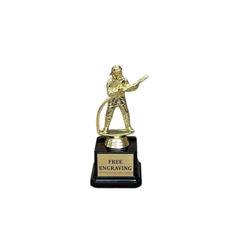 7 inch gold firefighter trophy with fireman holding hose and free engraving on black base