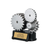 Custom resin interlocking gear trophy with engraved gold plate, 5 inches tall, ideal for car shows, cruise-ins, and automotive events.