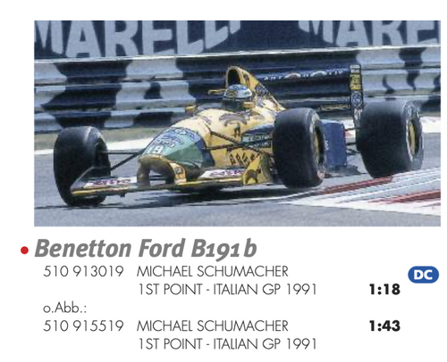 MINICHAMPS 1:43 BENETTON FORD BENETTON FORD B191B - MICHAEL SCHUMACHER - 1ST POINT - ITALIAN GP 1991 diecast sealed  (510913019)  Diecast Car Model Available In Q4 2023 Pre Order Now