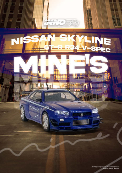 INNO 1:64 NISSAN SKYLINE GT-R (R34) V-SPEC Tuned by "MINE'S" (IN64-R34VS-MINES-BL) Diecast Car Model Available In September 2024 Pre Order Now