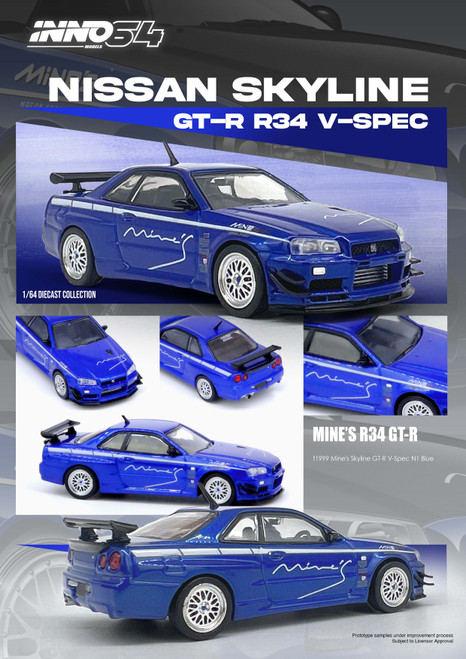 INNO 1:64 NISSAN SKYLINE GT-R (R34) V-SPEC Tuned by "MINE'S" (IN64-R34VS-MINES-BL) Diecast Car Model Available In September 2024 Pre Order Now