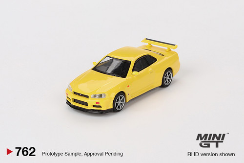 Mini GT 1:64 Nissan Skyline GT-R (R34) V-Spec Lightning Yellow *Blister Package* (MGT00762-BL) Diecast Car Modle Available in July 2024 Pre Order Now