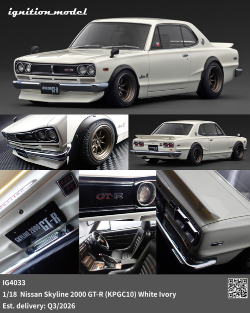 Ignition Model 1:18 Nissan Skyline 2000 GT-R (KPGC10) Silver / White Ivory (IG4031/IG4033) Resin Car Model Available In Q3 2026 Pre Order Now