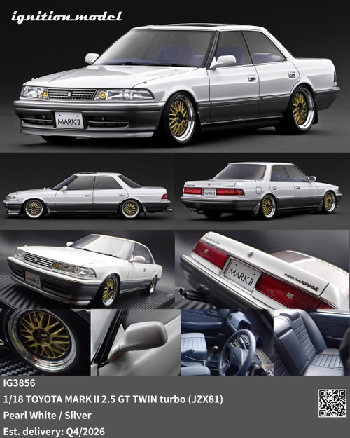 Ignition Model 1:18 TOYOTA MARKⅡ2.5 GT TWIN turbo (JZX81) Pearl White / Silver (IG3856) Resin Car Model Available In Q4 2026 Pre Order Now