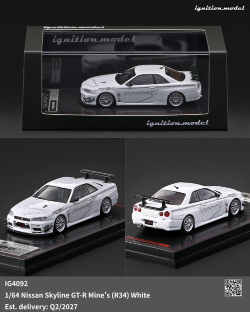 Ignition Model 1:64 Nissan Skyline GT-R Mine's (R34) White / Blue Metallic (IG4092/IG4094) Diecast Car Model Available In Q2 2027 Pre Order Now