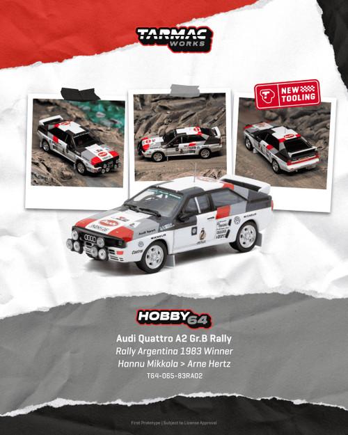 Tarmac Works 1:64 Audi Quattro A2 Gr.B Rally Rally Argentina 1983 Winner Hannu Mikkola / Arne Hertz (T64-065-83RA02) Diecast Car Model Available In April 2027 Pre Order Now
