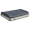 Craft Wallet Navy Leather Silver Aluminum Closed Top Left Side Corner View With Cards Inside