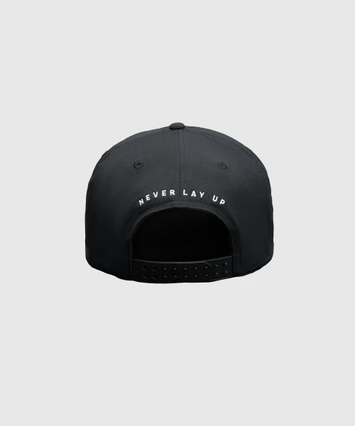 Back view of black snapback hat with adjustable closure