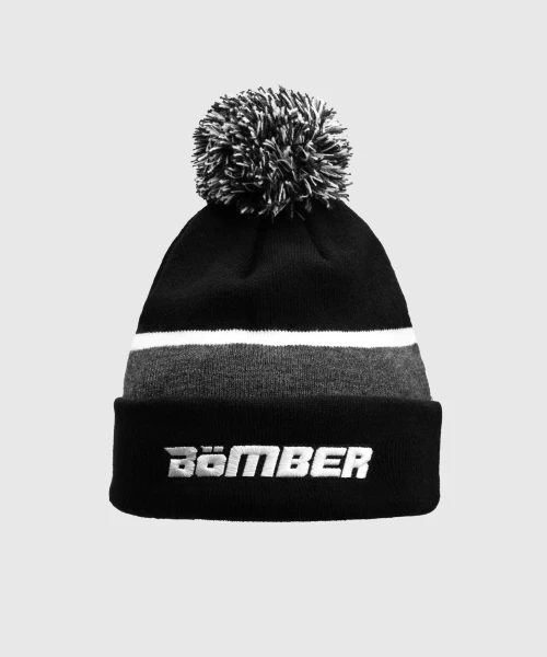 Black rib-knit pom beanie with folded cuff