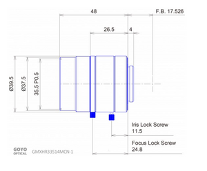 Goyo Optical GMXHR33514MCN-1 2/3"35mm F2.0 Manual Iris C-Mount Lens, M35.5 x P0.5 Filter Thread, 3 Megapixel Rated