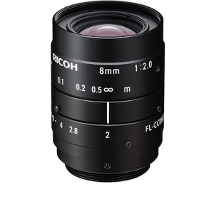 Ricoh FL-CC0820-5MX 2/3" 8mm F2.0 Manual Iris C-Mount Lens, Low Distortion, High Contrast, 5 Megapixel Rated