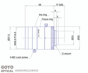 Goyo Optical GMD5HR41214MCN 1" 12mm F1.4 Manual Iris C-Mount Lens, 5 Megapixel Rated