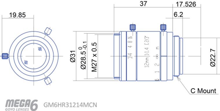 Goyo Optical GM6HR31214MCN 2/3" 12mm F1.4 Manual Iris C-Mount Lens, 6 Megapixel Rated