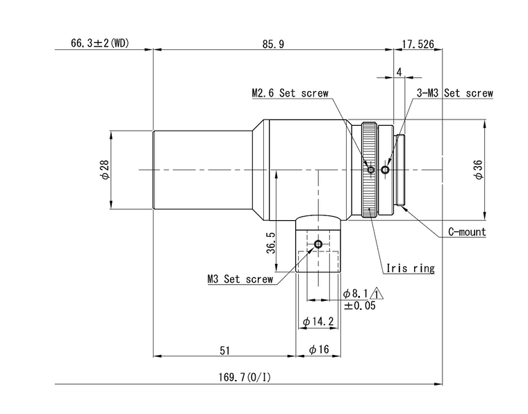 VS Technology VS-TCM075-65CO/S 1/2" Telecentric C-Mount Lens, 0.75X, WD=65mm, 5 Megapixel Rated, Coaxial Type