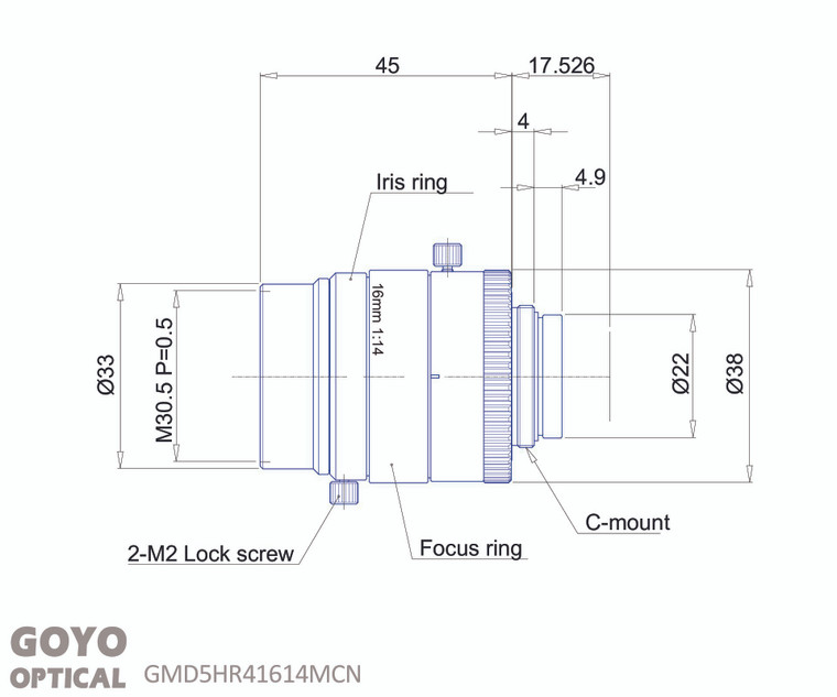 Goyo Optical GMD5HR41614MCN 1" 16mm F1.4 Manual Iris C-Mount Lens, 5 Megapixel Rated